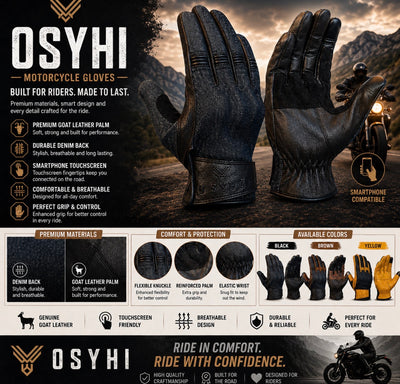 OSYHI レザーグローブ バイクグローブ、ゴート ストレッチデニム タッチスクリーン対応、ナックルプロテクター付き