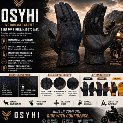 OSYHI レザーグローブ バイクグローブ、ゴート ストレッチデニム タッチスクリーン対応、ナックルプロテクター付き